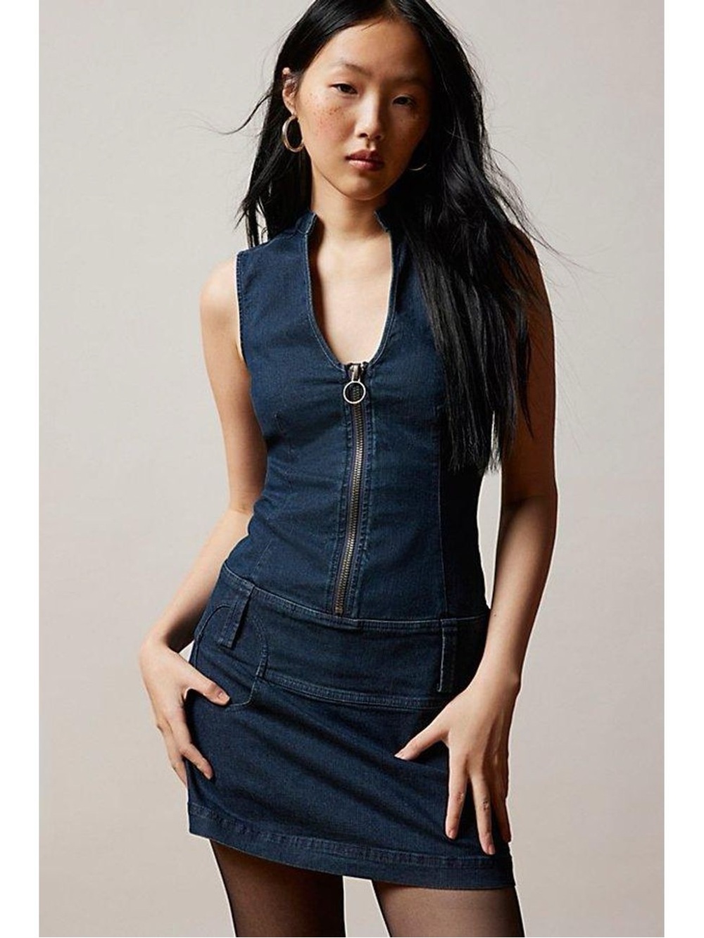 BDG Urban Outfitters Rowan Dark Blue Denim Jean Zip-Front Mini Skirt Dress Large